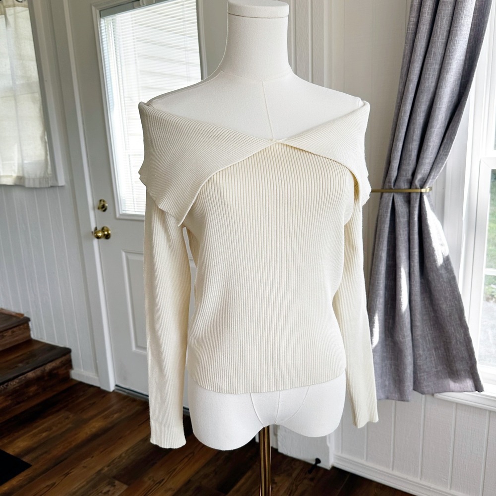 The Frolic Women Off Shoulder Sweater 10 Cream Ribbed Knit Quiet Luxury Chic